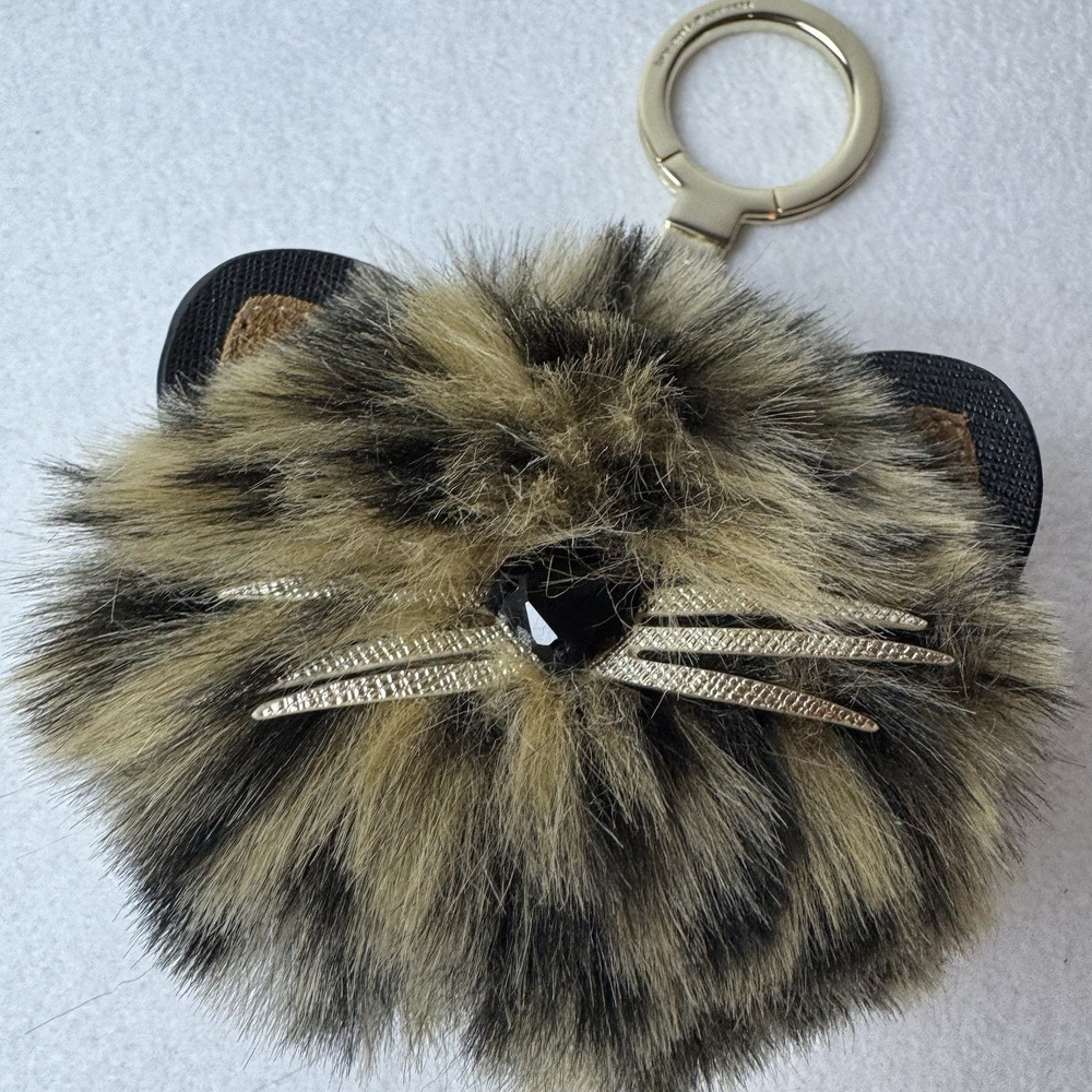 Kate Spade New York Cat Pouf Keychain Cheetah Bag Charm Soft Kitty Brown Black - Picture 4 of 11